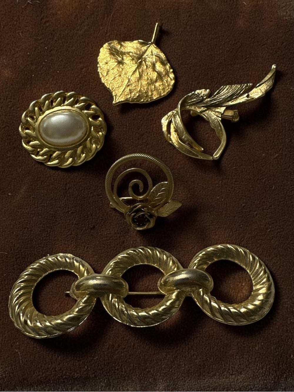 Gold-Tone Vintage Brooch Lot - Leaf, Chain & Pearl Styles
